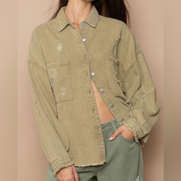 POL Button Down Raw Hem Distressed Shacket in Mocha Herb color NWOT - Picture 1 of 9